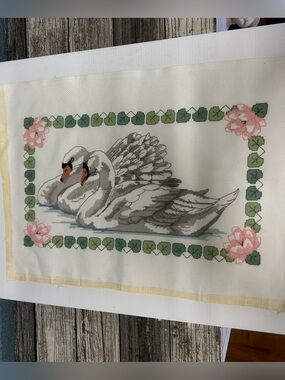 Vintage Completed Swan Cross Stitch Needlepoint Art | Unframed 14x20 Cottagecore